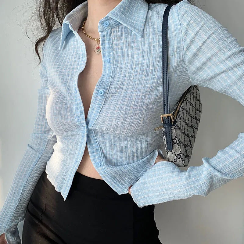 Wenkouban women's fashion New Spring Retro Style Shirt Women's Lapel Plaid Shirt Slimming Versatile Top