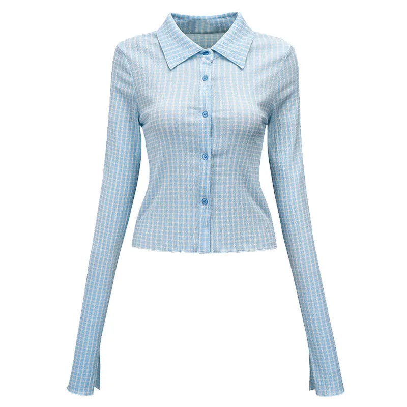 Wenkouban women's fashion New Spring Retro Style Shirt Women's Lapel Plaid Shirt Slimming Versatile Top