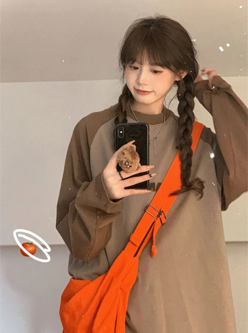 Wenkouban y2k outfits Korean Style American Retro Stitching Top Women's Clothing 2024 New Early Autumn Long Sleeve Thin T-shirt Lazy Style