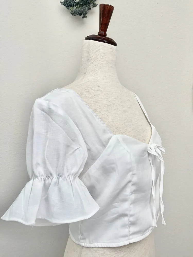 White Edwardian inspired Ruffle Sleeve Crop Blouse with Sweetheart Neckline - Size L