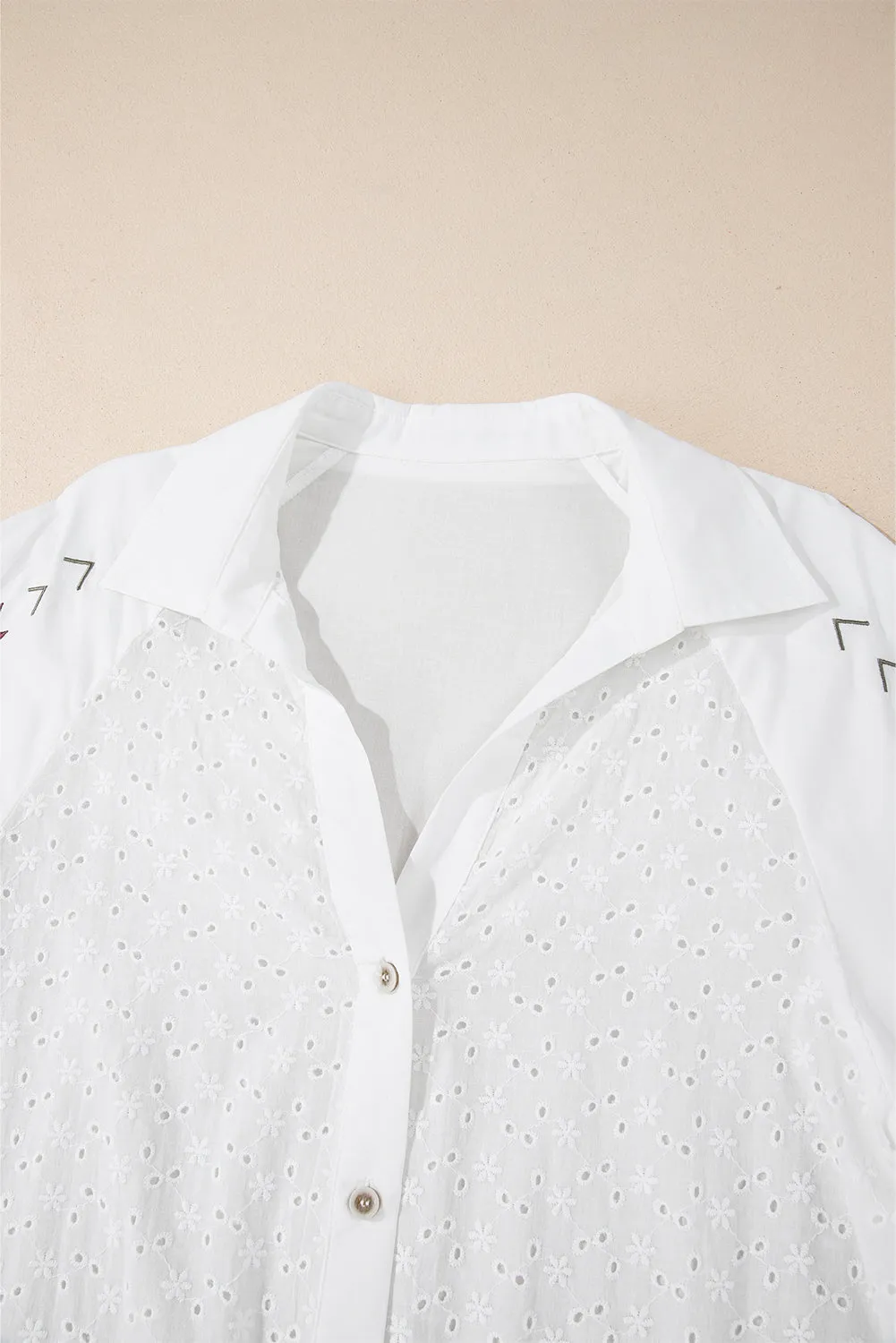 White Floral Embroidered Puff Sleeve Eyelet Patchwork Shirt