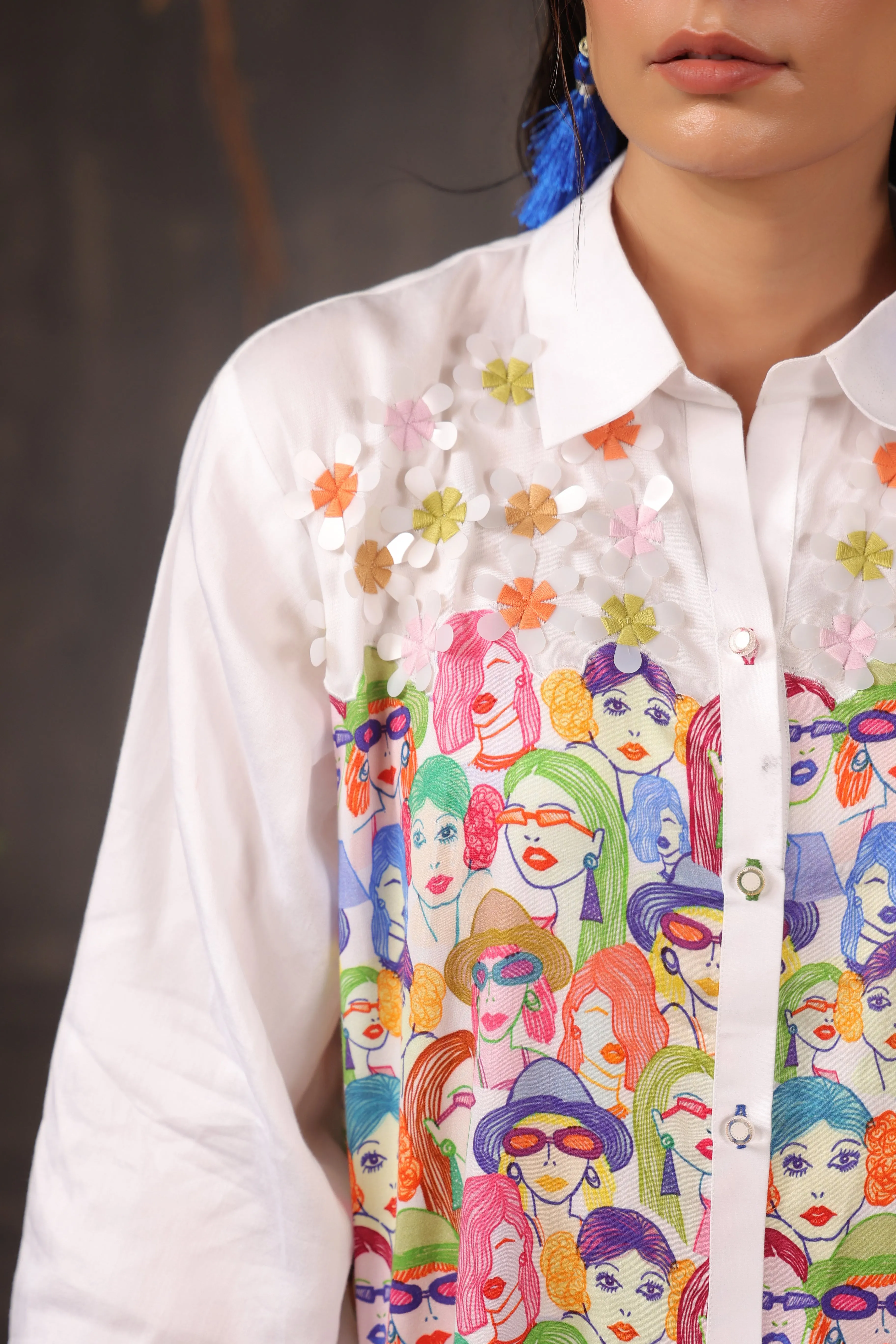 White Patchwork Embroidered Cotton Shirt