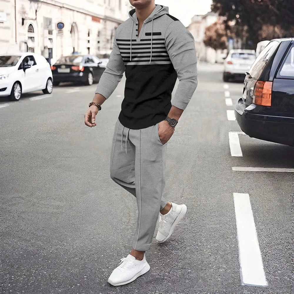 Wiaofellas  -  Mens Casual Suit American Street Fashion Trend Autumn And Winter Hooded Striped Long-Sleeved Sweatshirt Trousers Two-Piece Suit