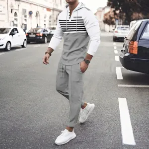 Wiaofellas  -  Mens Casual Suit American Street Fashion Trend Autumn And Winter Hooded Striped Long-Sleeved Sweatshirt Trousers Two-Piece Suit