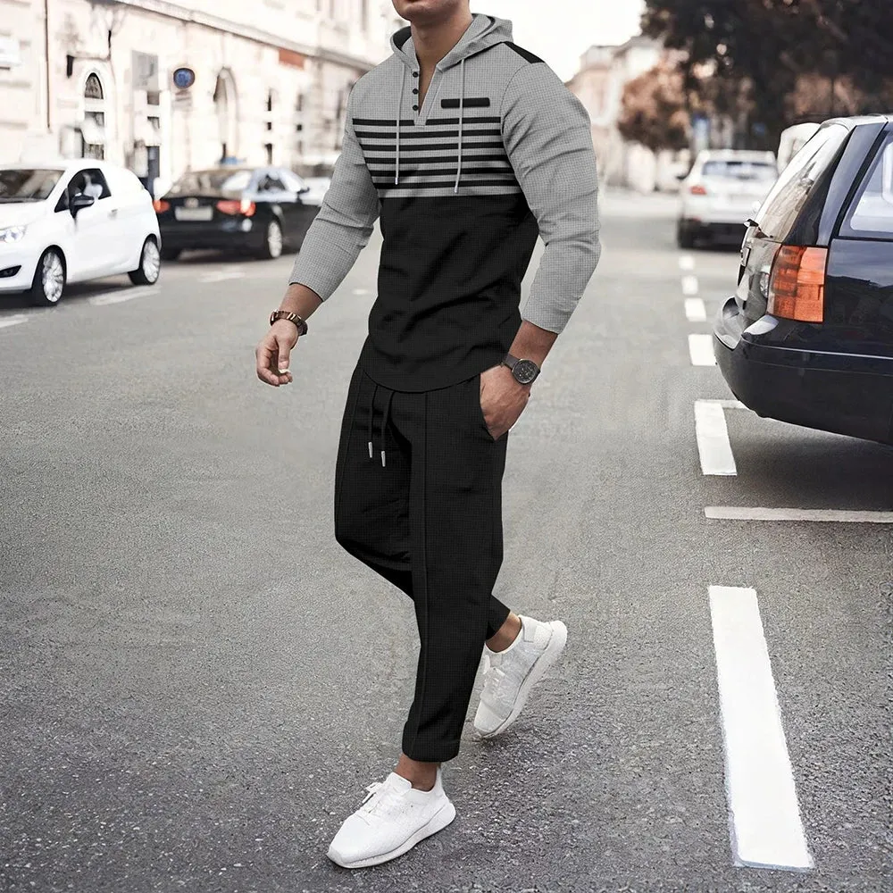 Wiaofellas  -  Mens Casual Suit American Street Fashion Trend Autumn And Winter Hooded Striped Long-Sleeved Sweatshirt Trousers Two-Piece Suit