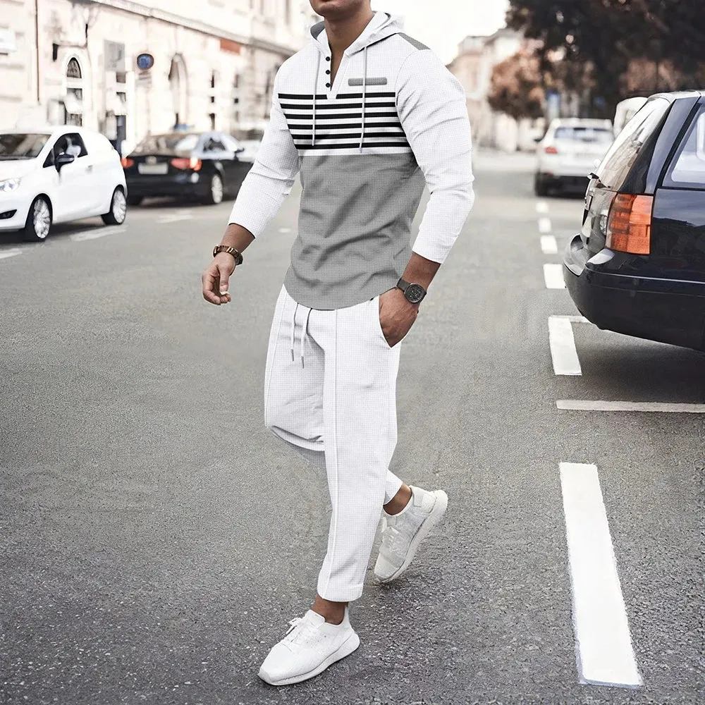 Wiaofellas  -  Mens Casual Suit American Street Fashion Trend Autumn And Winter Hooded Striped Long-Sleeved Sweatshirt Trousers Two-Piece Suit