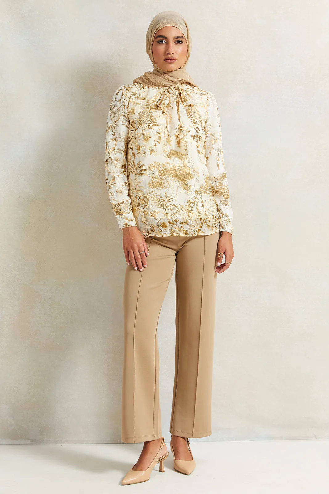 Women Beige Printed Bow Blouse