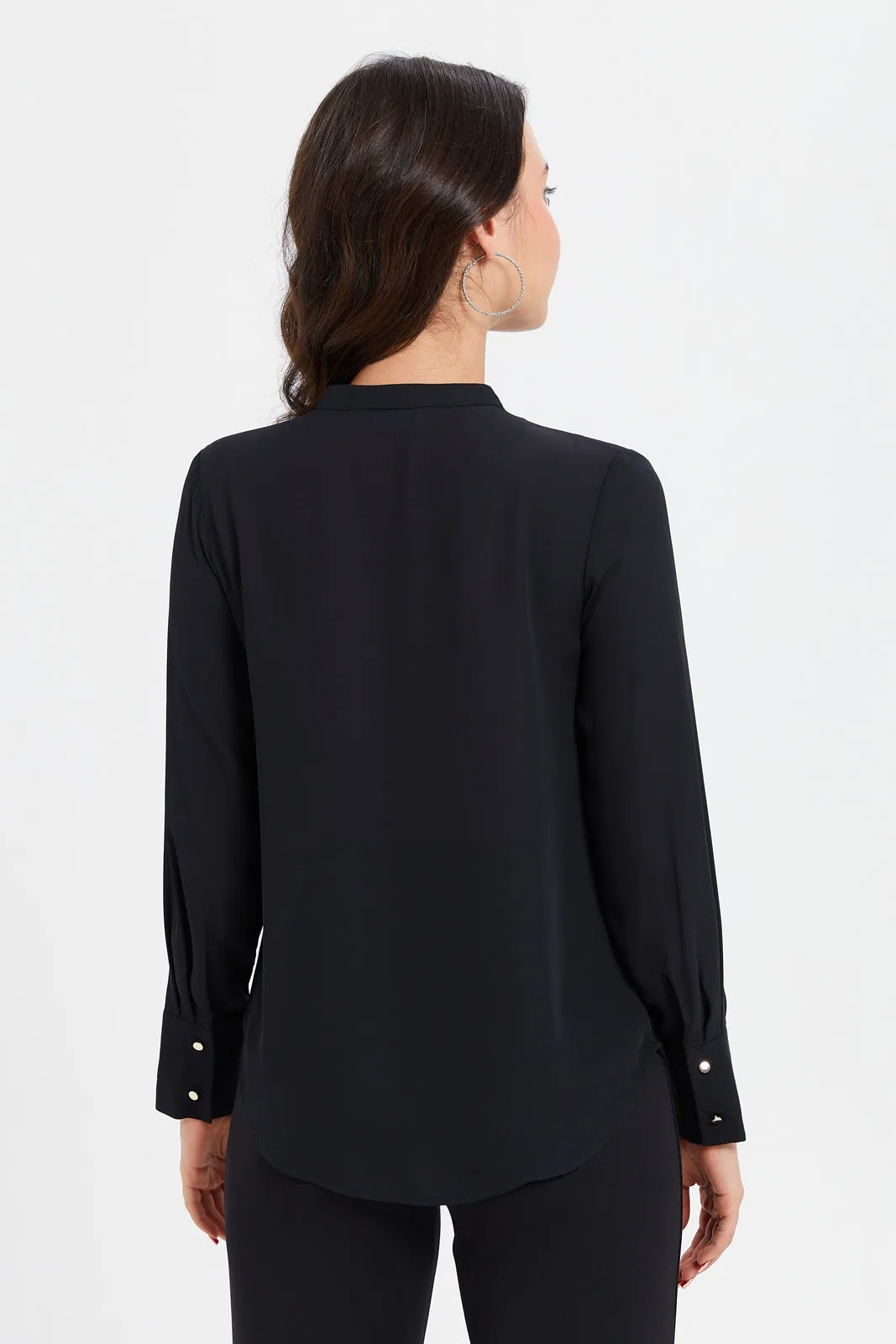 Women Black Pleated Neck Blouse