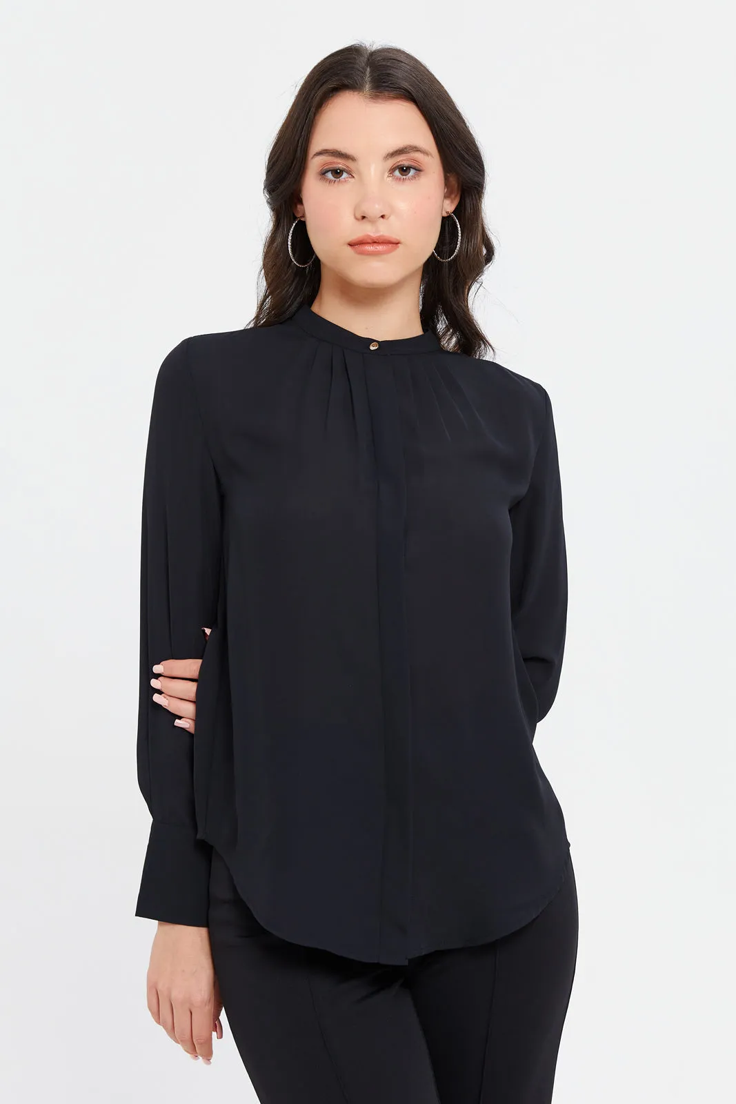 Women Black Pleated Neck Blouse