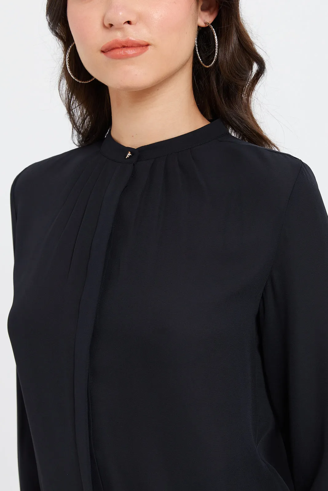 Women Black Pleated Neck Blouse