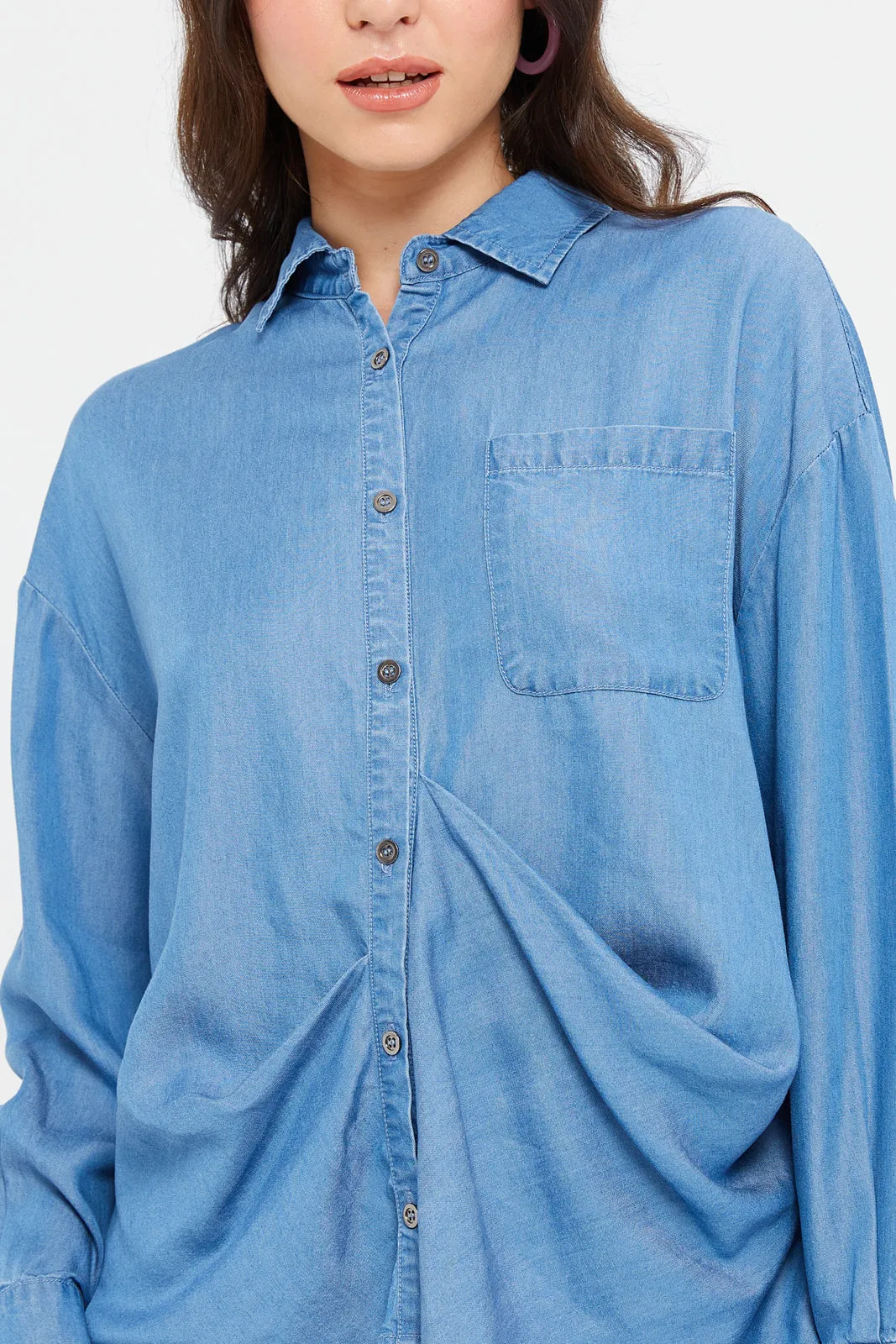 Women Blue Shirt With Front Asymmetric Pleating