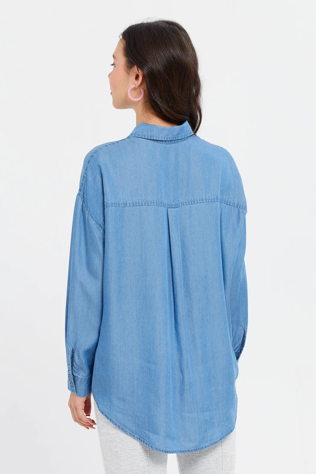 Women Blue Shirt With Front Asymmetric Pleating