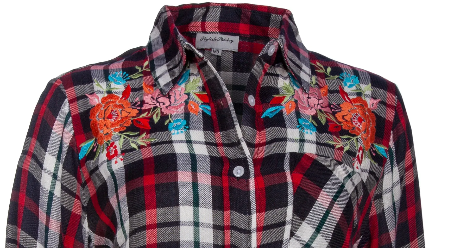 Women's Rayon, Long Sleeves, Button Down Shirt with Floral Embroidery. Navy/Red. Style# 8466