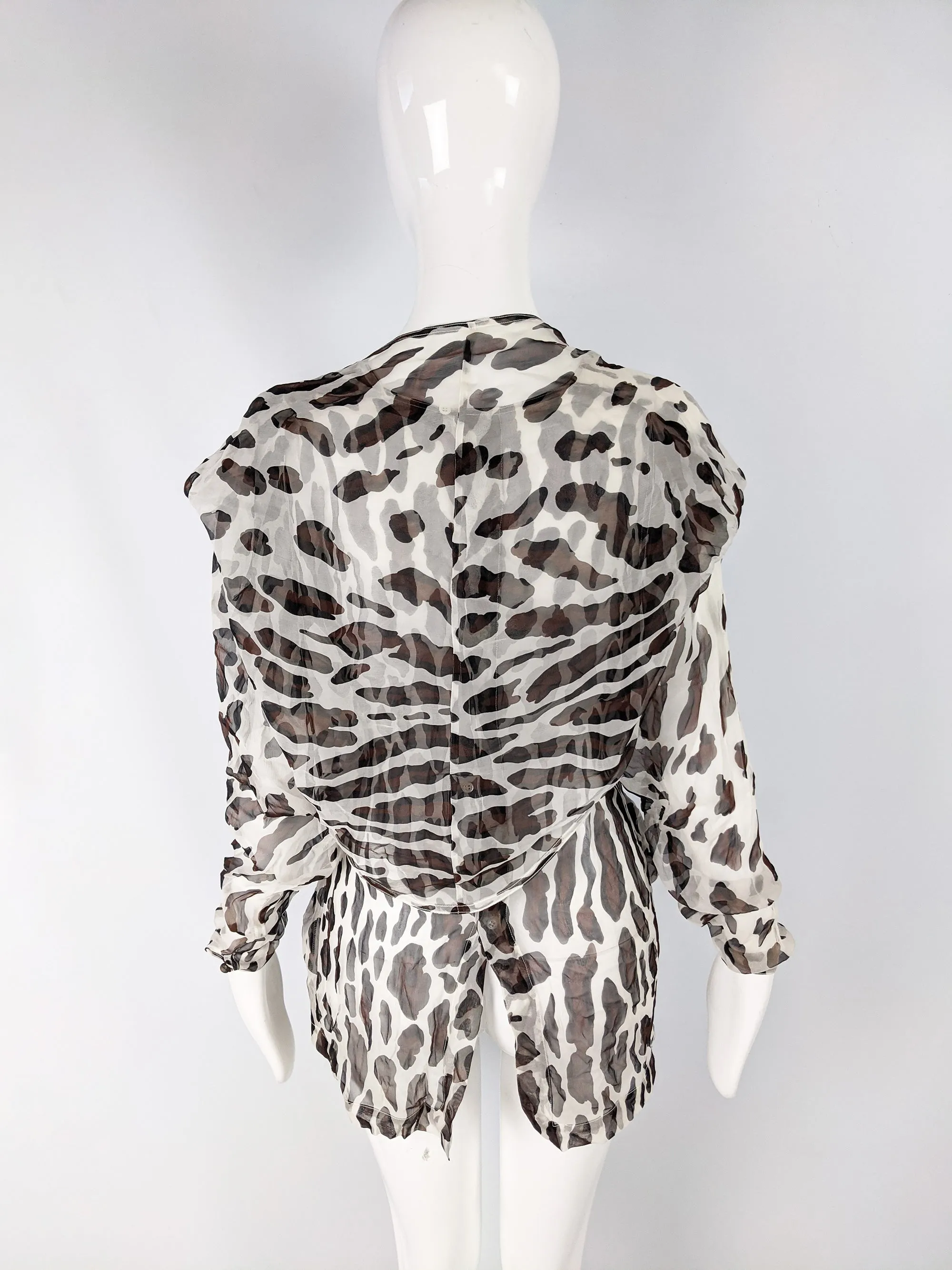 Womens Vintage Draped Silk Chiffon Animal Print Blouse, 1980s