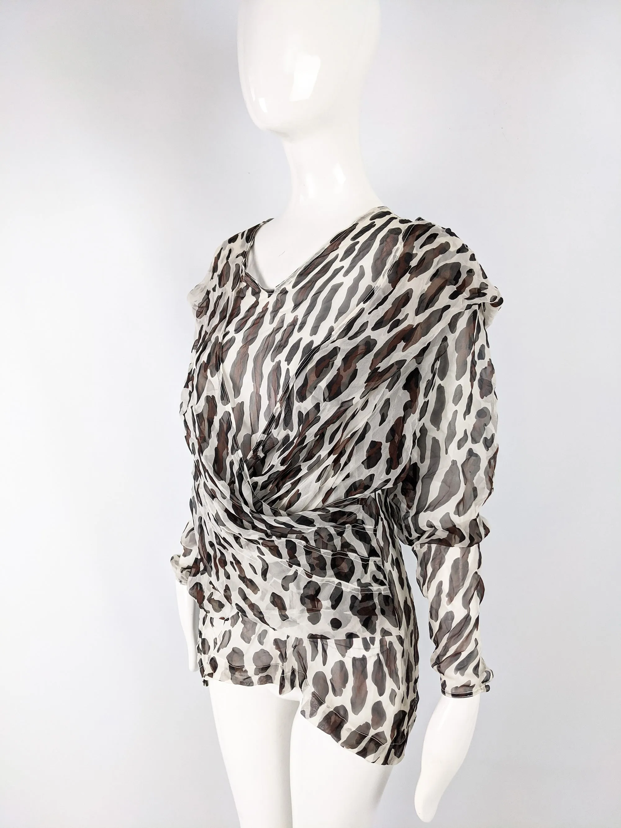 Womens Vintage Draped Silk Chiffon Animal Print Blouse, 1980s