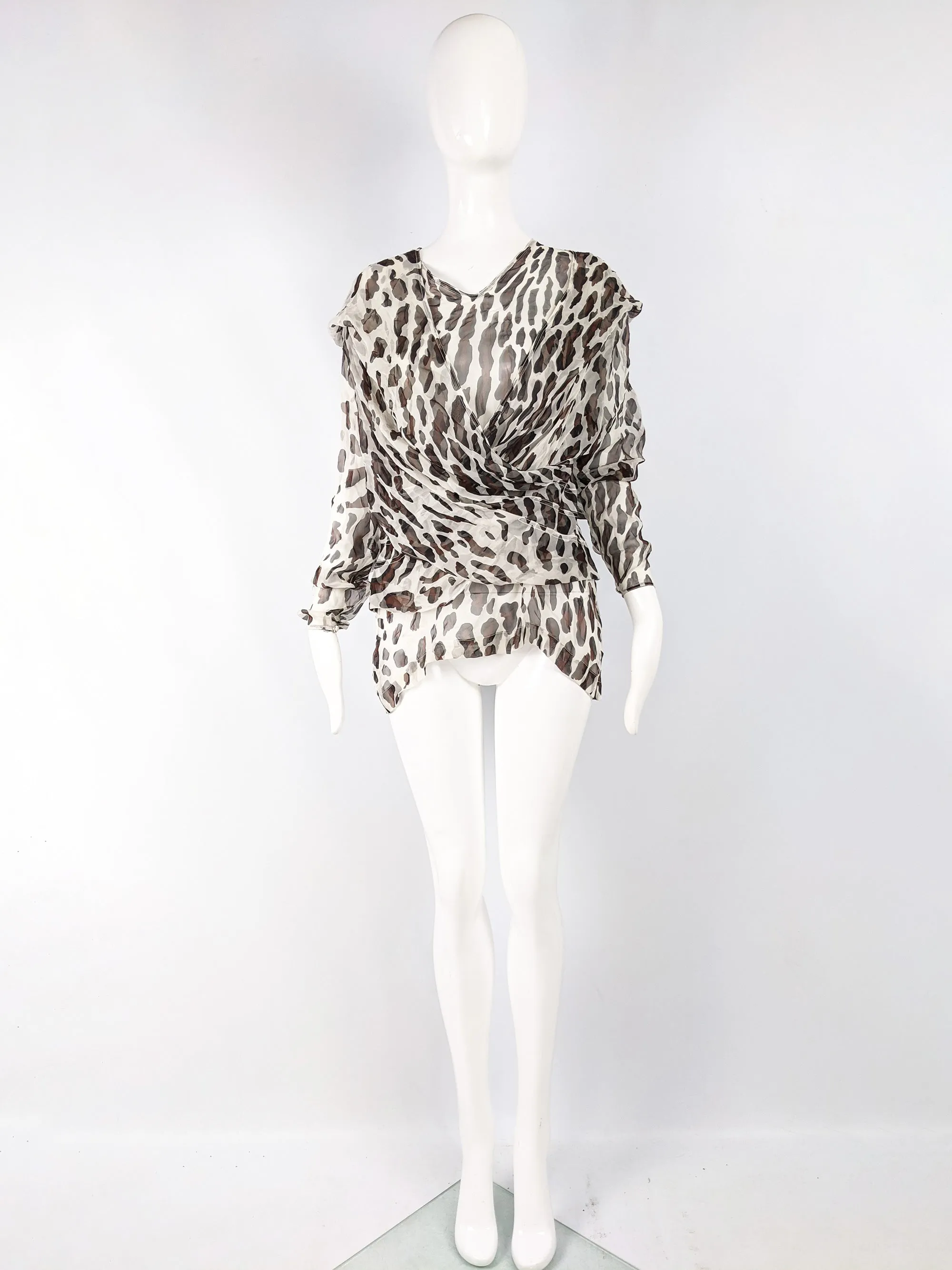 Womens Vintage Draped Silk Chiffon Animal Print Blouse, 1980s