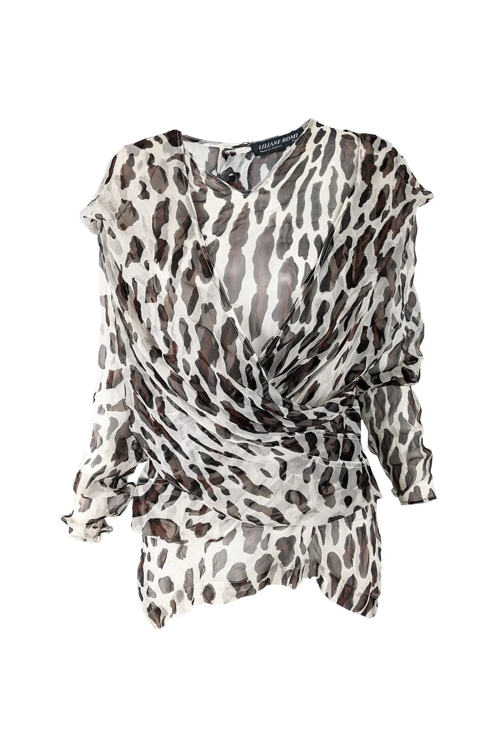 Womens Vintage Draped Silk Chiffon Animal Print Blouse, 1980s