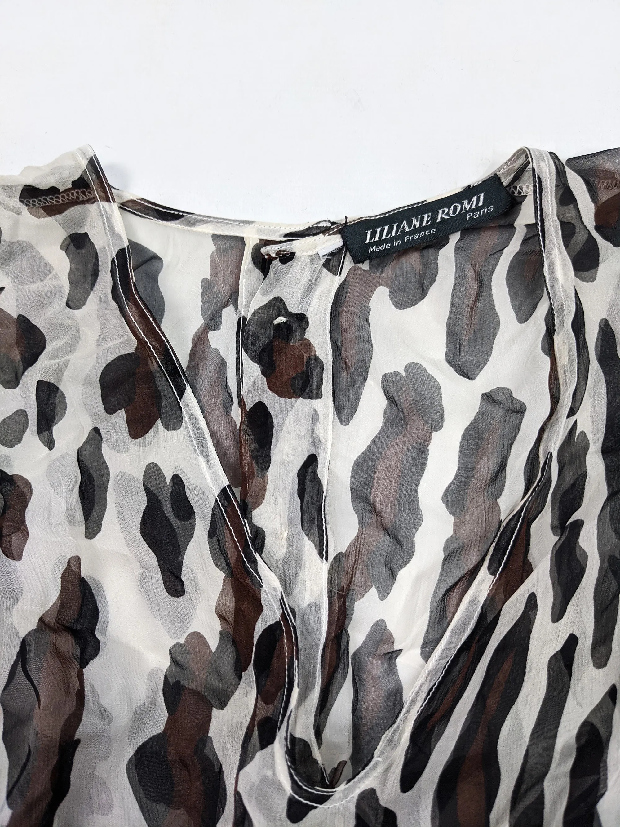 Womens Vintage Draped Silk Chiffon Animal Print Blouse, 1980s