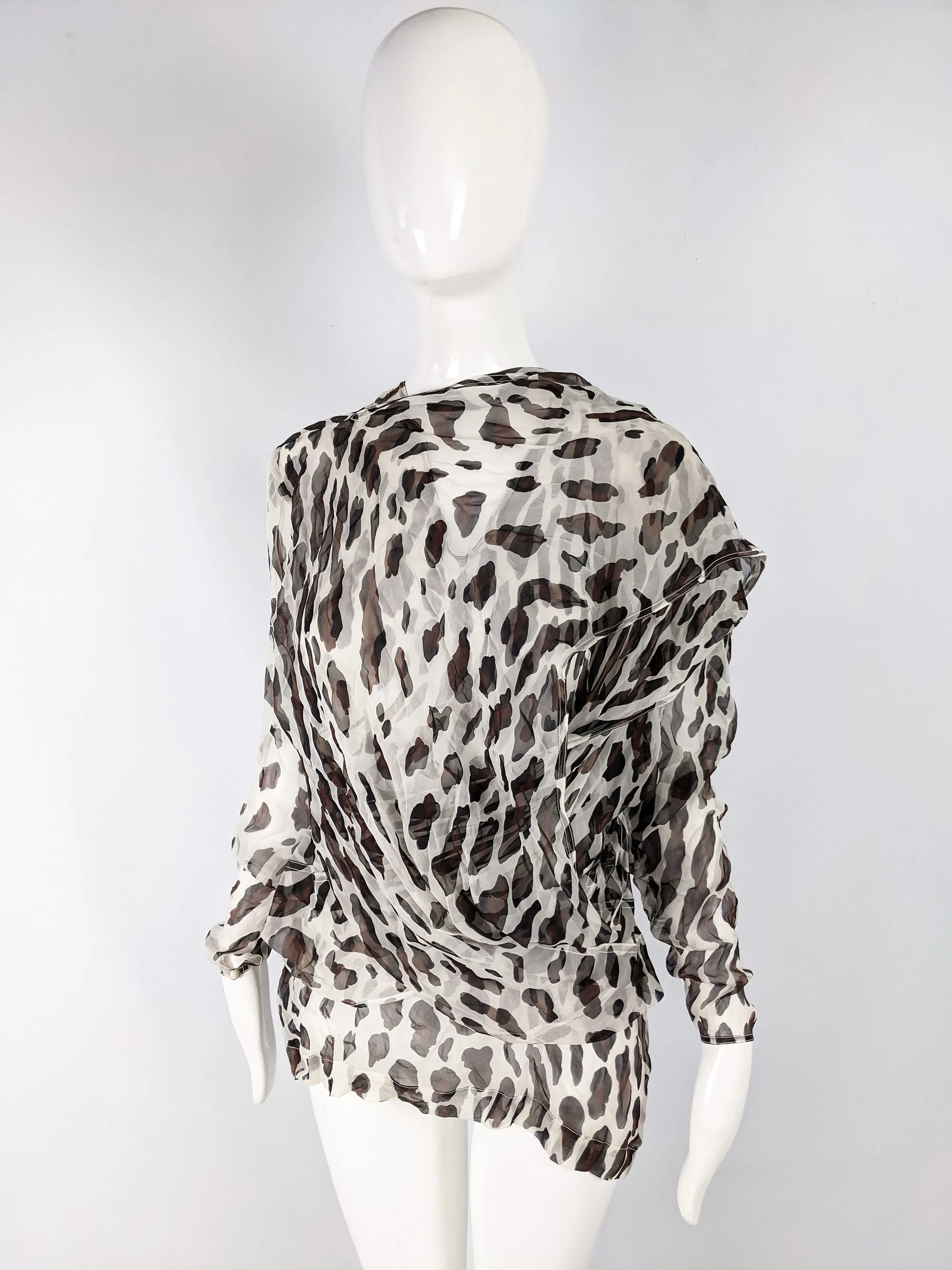 Womens Vintage Draped Silk Chiffon Animal Print Blouse, 1980s