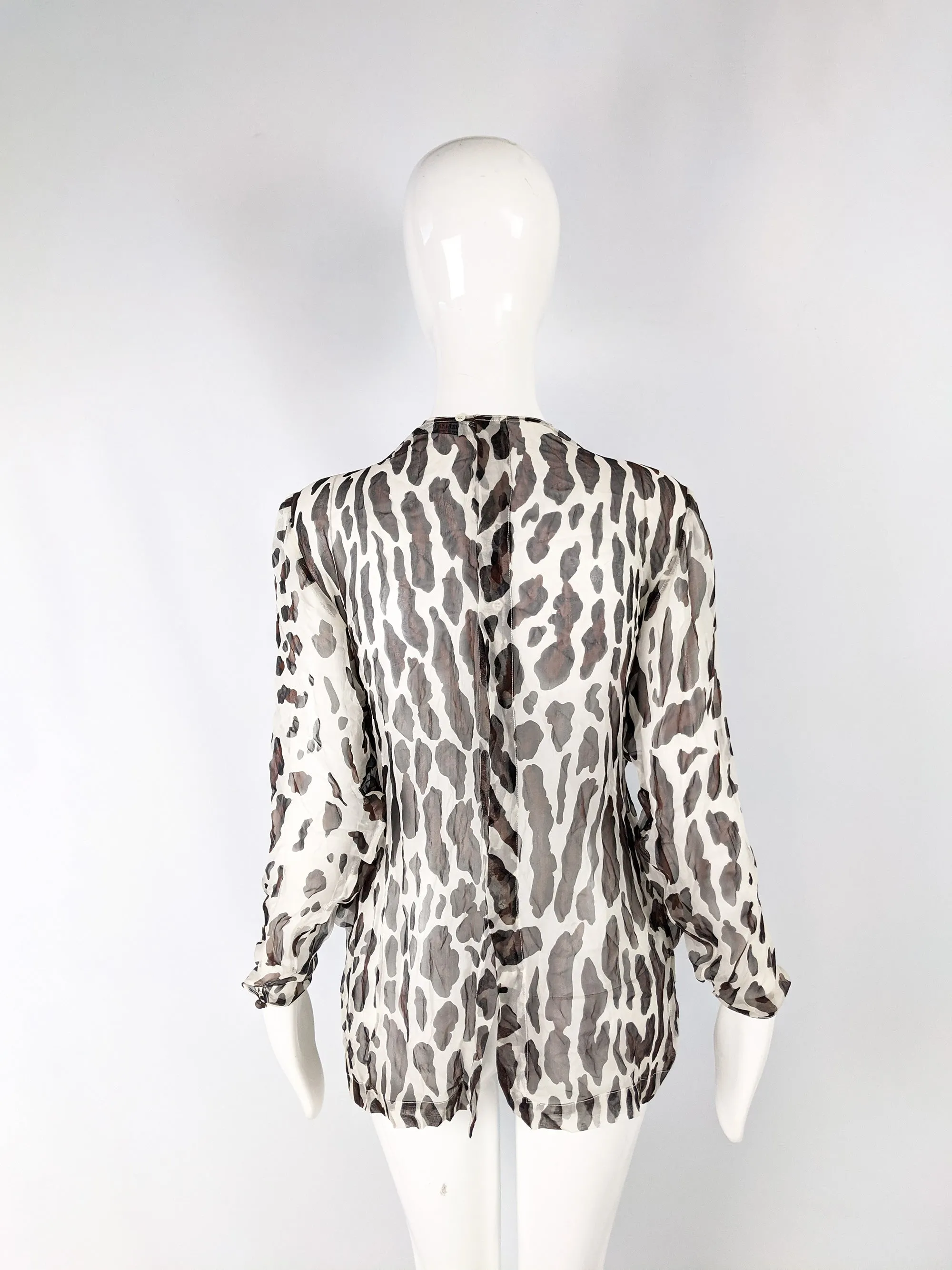 Womens Vintage Draped Silk Chiffon Animal Print Blouse, 1980s