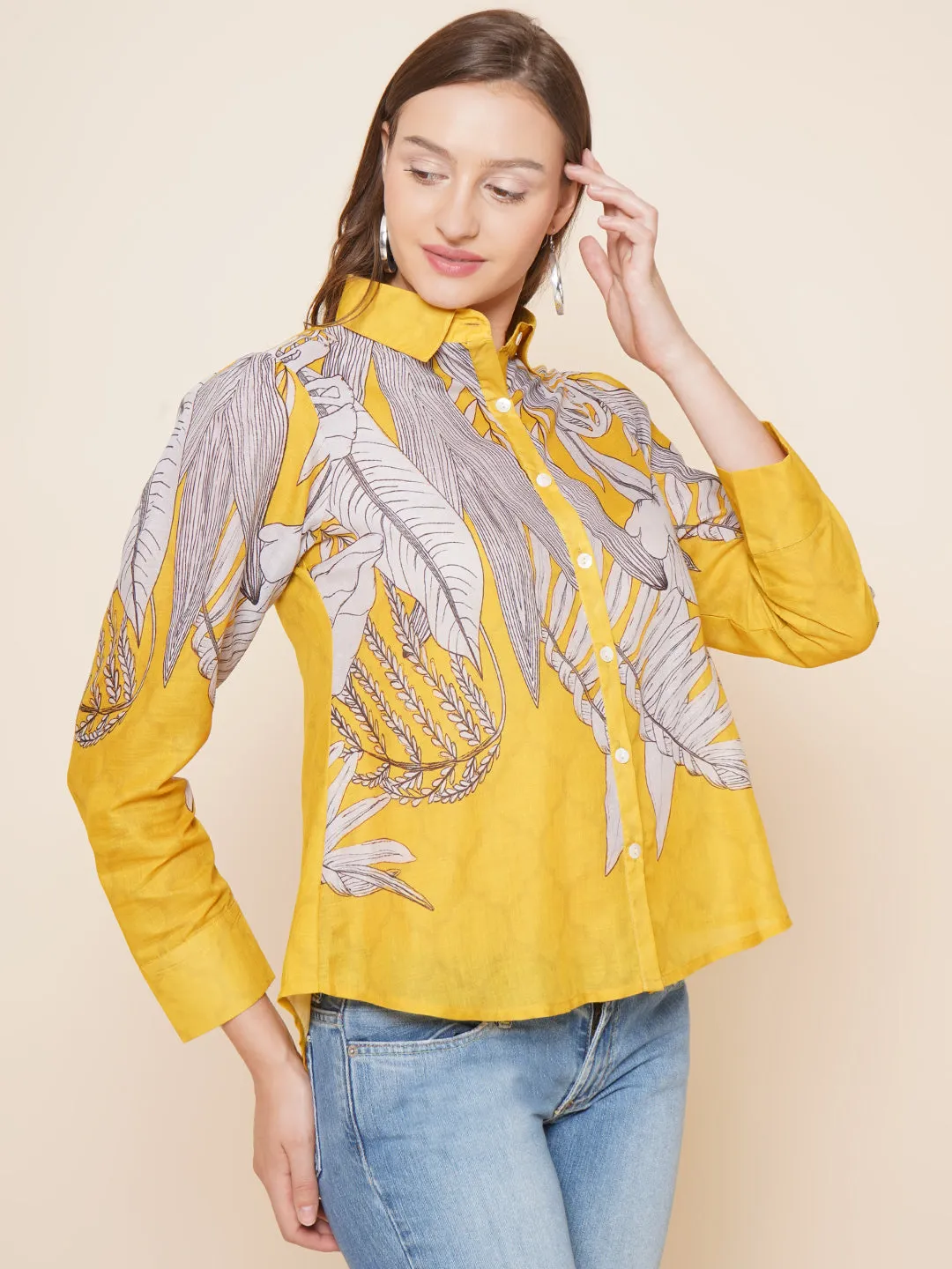 Yellow & Grey Printed Shirt Style Top