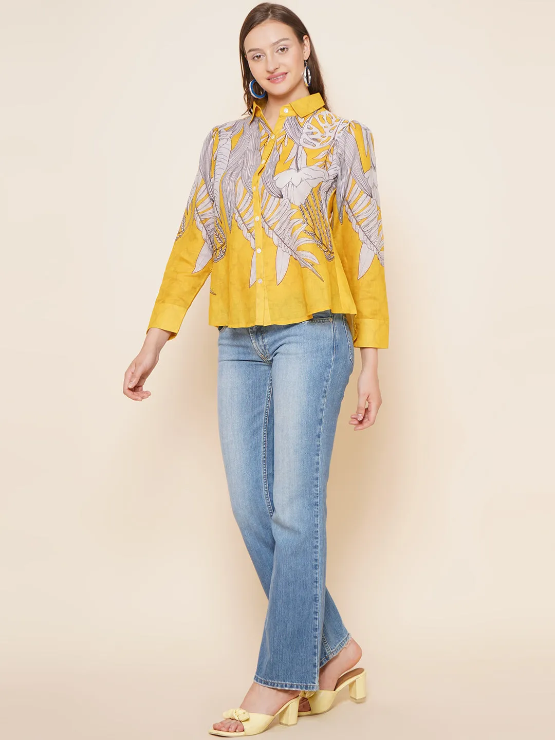 Yellow & Grey Printed Shirt Style Top