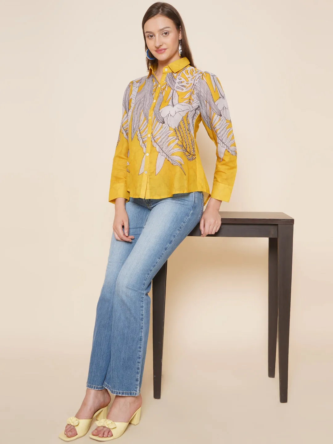 Yellow & Grey Printed Shirt Style Top