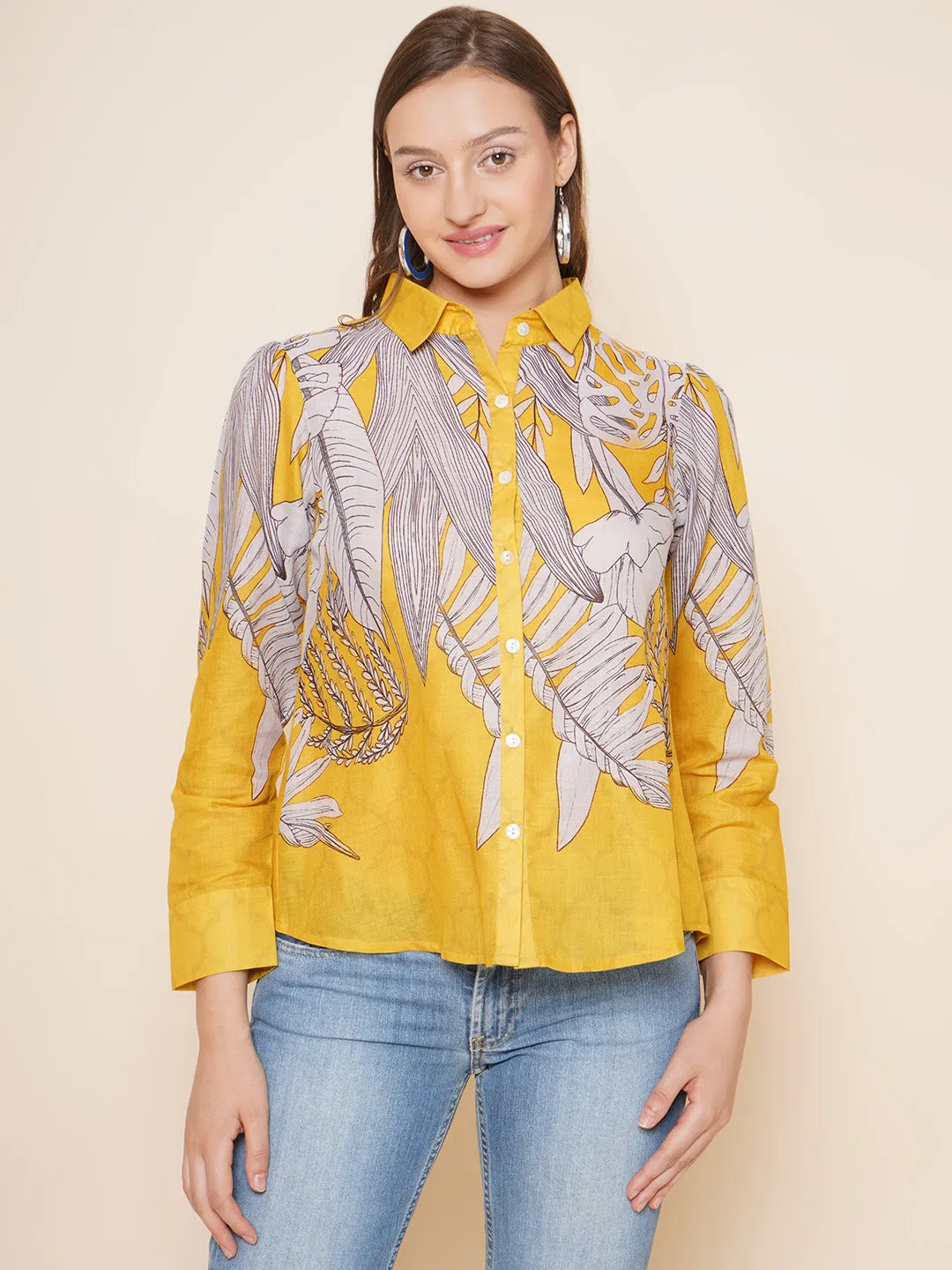 Yellow & Grey Printed Shirt Style Top