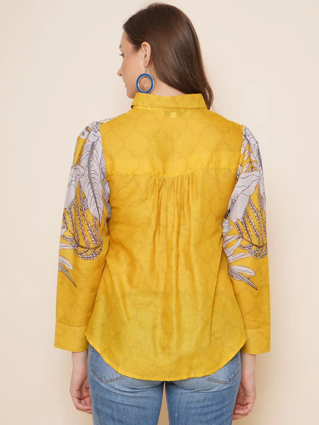 Yellow & Grey Printed Shirt Style Top