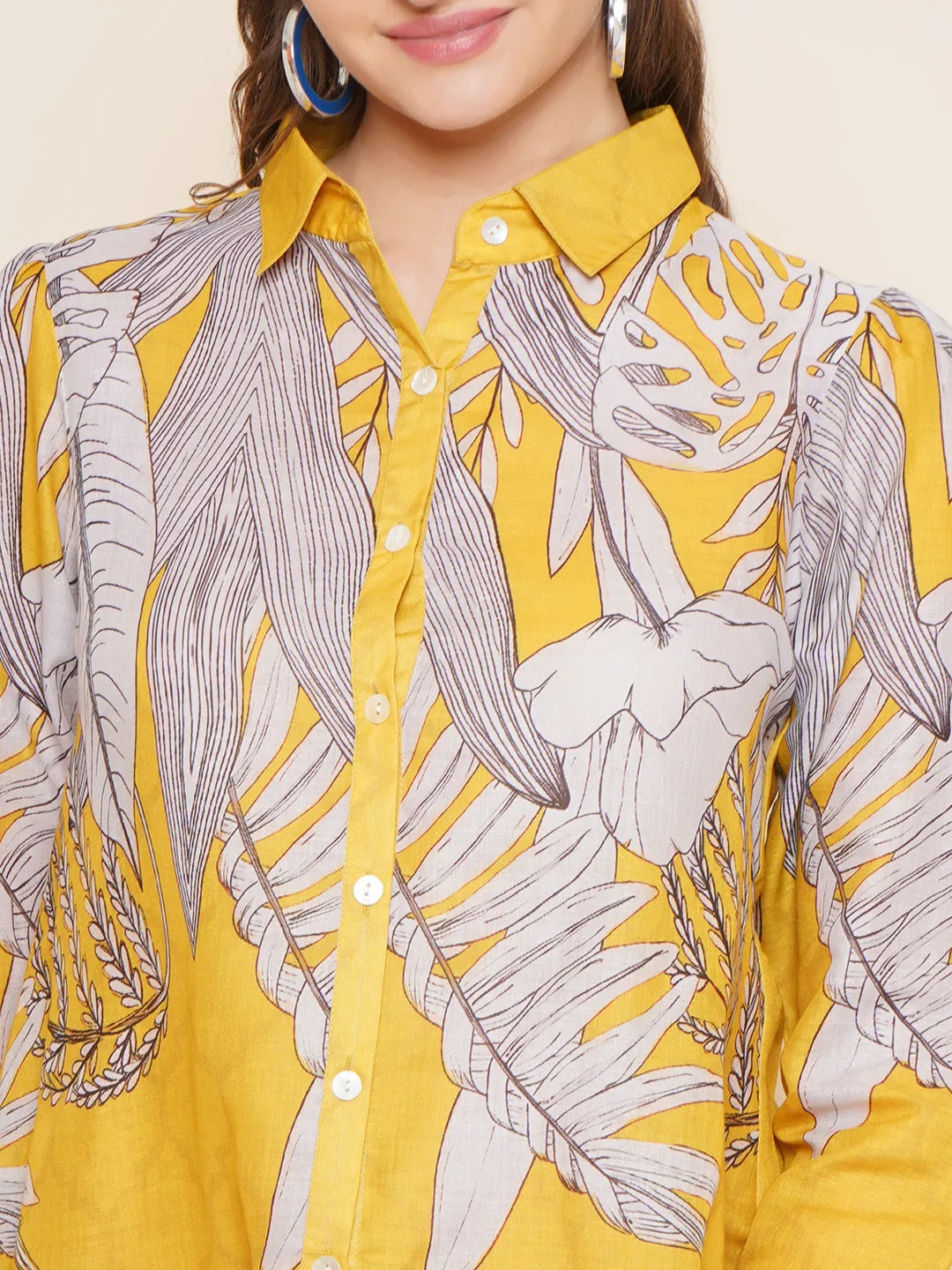 Yellow & Grey Printed Shirt Style Top