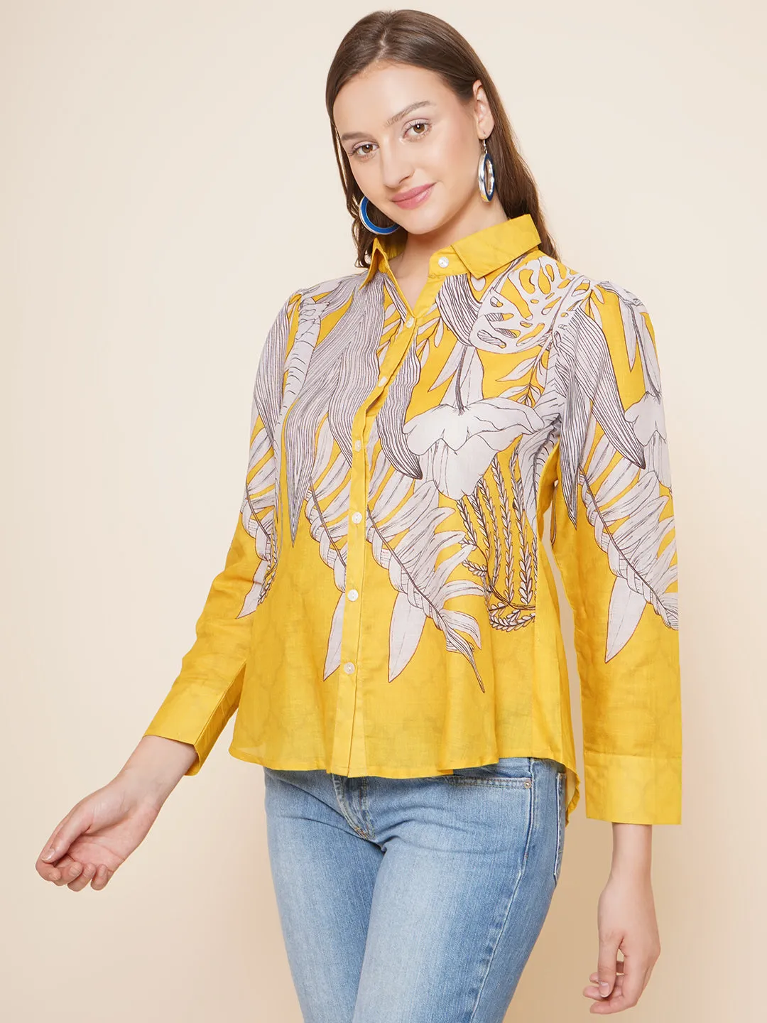 Yellow & Grey Printed Shirt Style Top