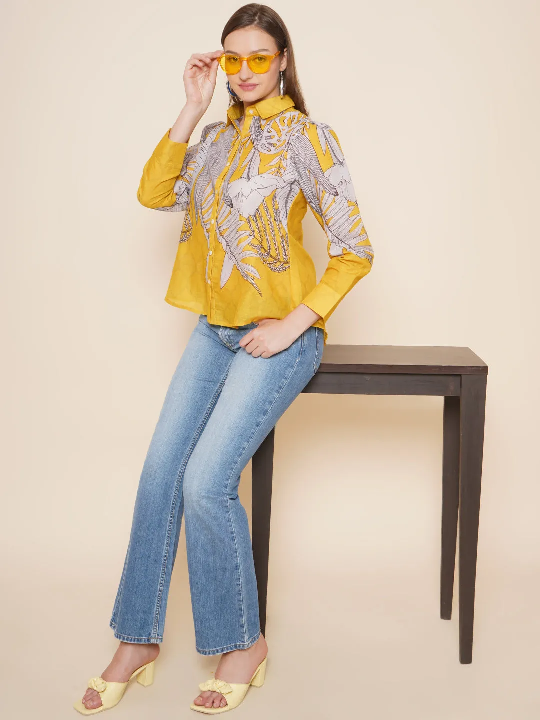 Yellow & Grey Printed Shirt Style Top